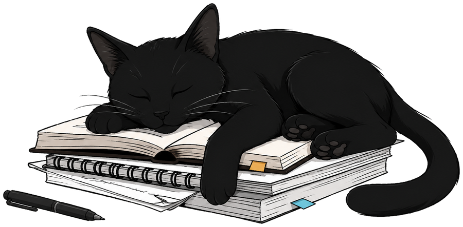 Helpie the cat asleep on a pile of books