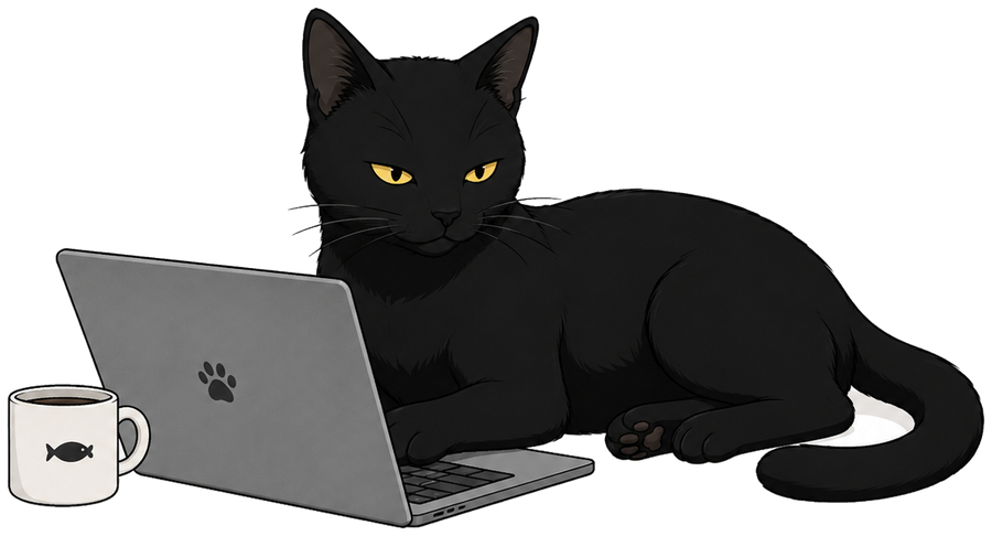 Helpie the cat at a laptop with a mug